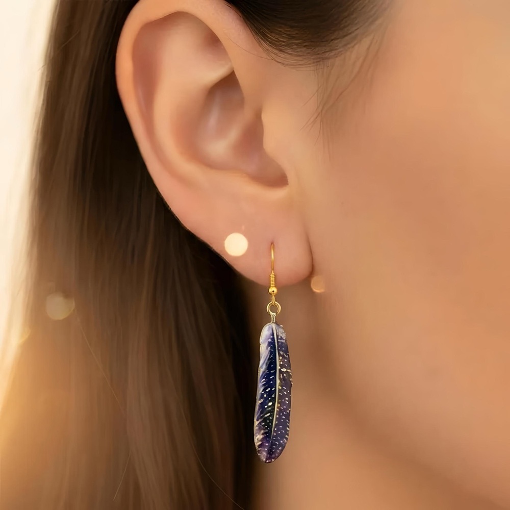 Artisan Gold and Purple Feather Earrings